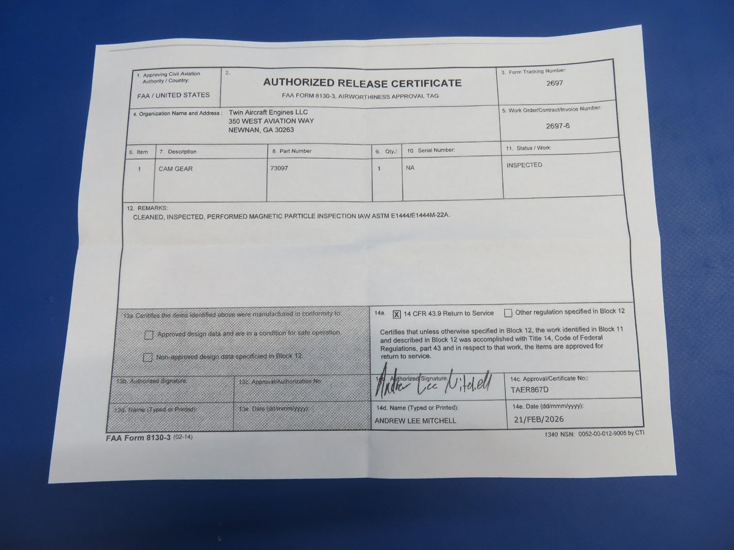 Lycoming Camshaft Gear P/N 73097 Inspected w/ 8130 (0326-1703)1