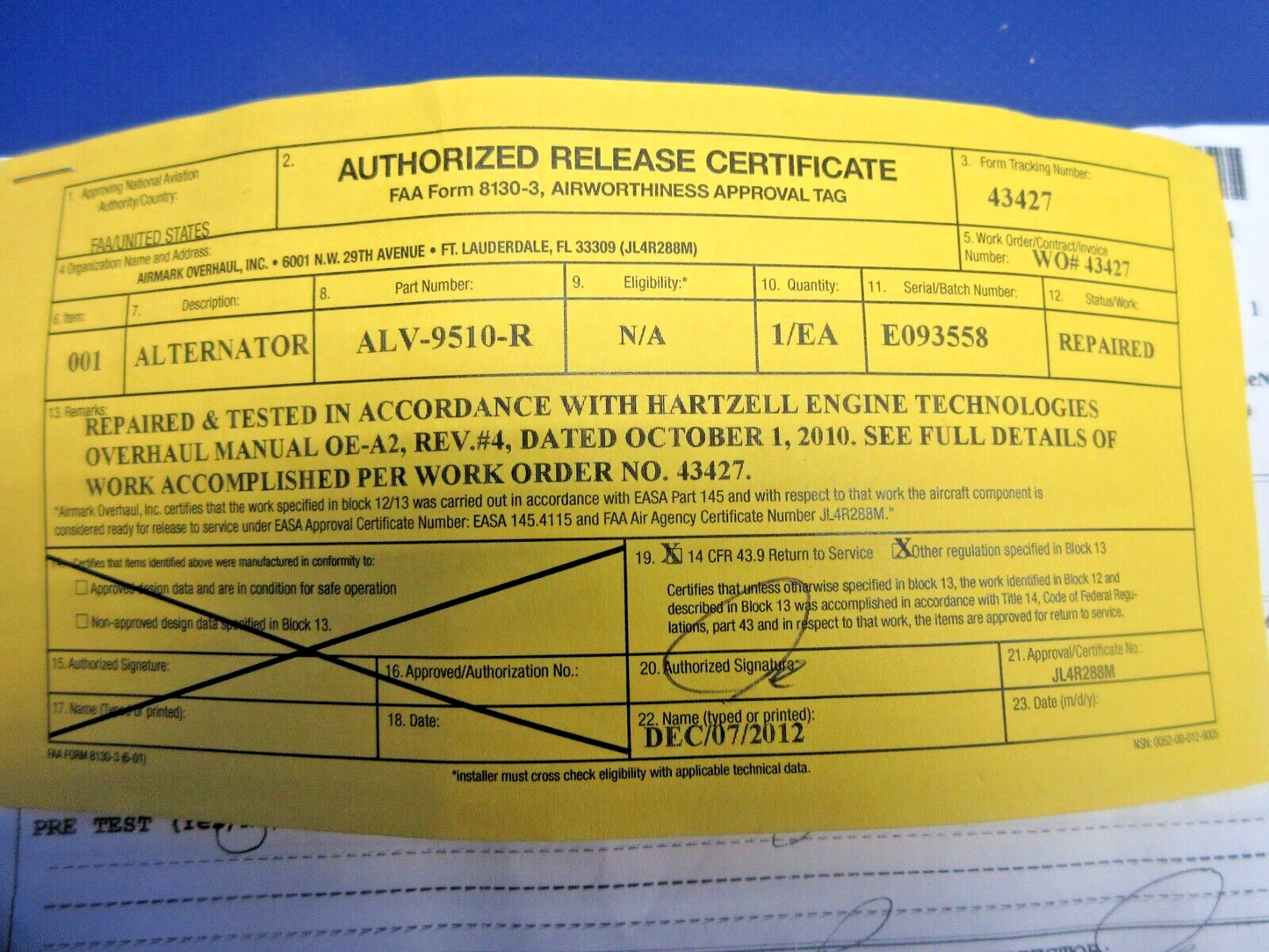Kelly Aerospace Alternator 24V P/N ALV-9510R Repaired w/8130 (1224-747)