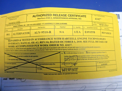 Kelly Aerospace Alternator 24V P/N ALV-9510R Repaired w/8130 (1224-747)