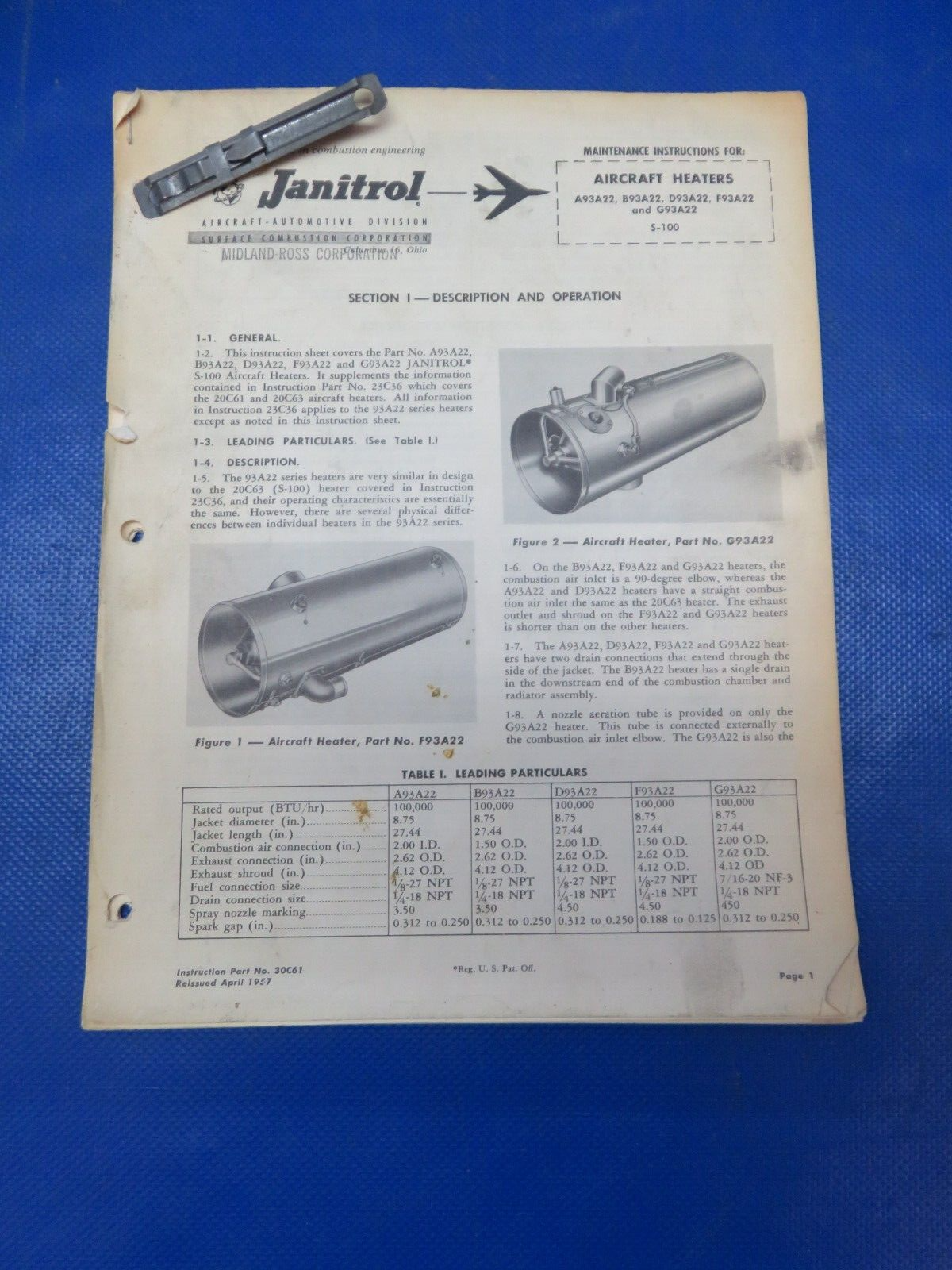 Janitrol Aircraft Heater & Ignition Maintenance & Parts List 24C54 (1024-195)