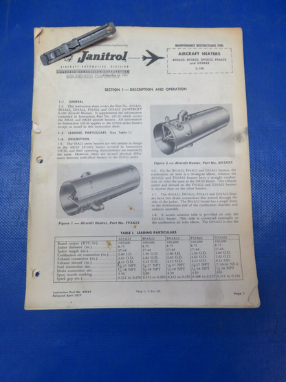 Janitrol Aircraft Heater & Ignition Maintenance & Parts List 24C54 (1024-195)
