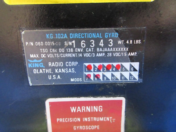 Cessna 337 King KG 102A Directional Gyro 28v P/N 060-0015-00 WARRANTY(0724-1393)