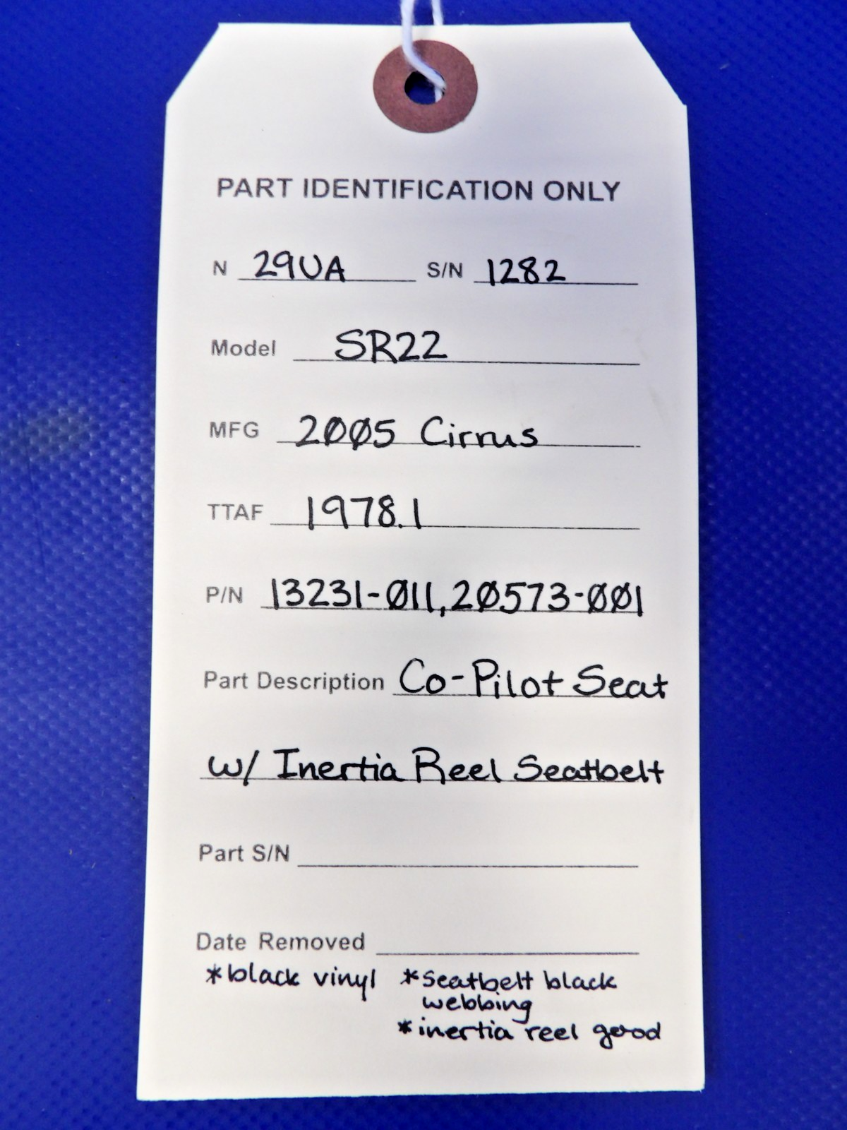 Cirrus SR22 Co-Pilot Seat w/ Inertia Reel Seatbelt P/N 13231-011 (0926-1227)16