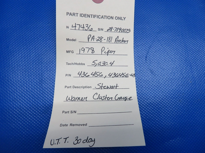 Piper PA-28-181 Archer Stewart Warner Cluster Gauge P/N 436456 (0424-1727)