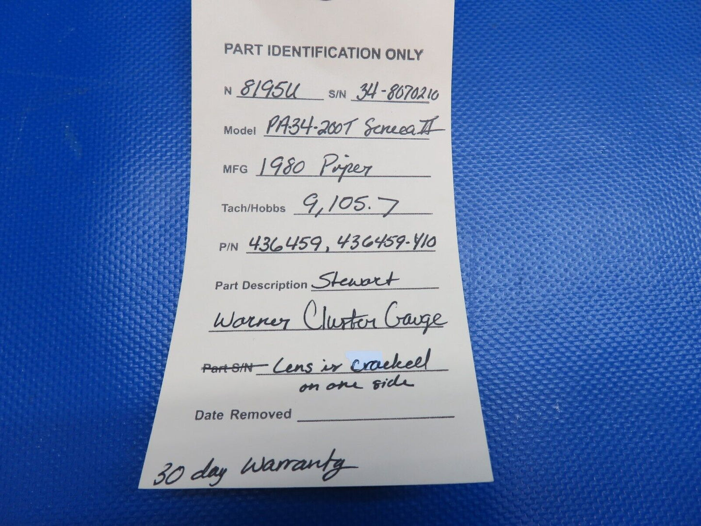 Piper PA-34 Stewart Warner Cluster Gauge 436459, 436459-Y10 WARRANTY (0424-1732)