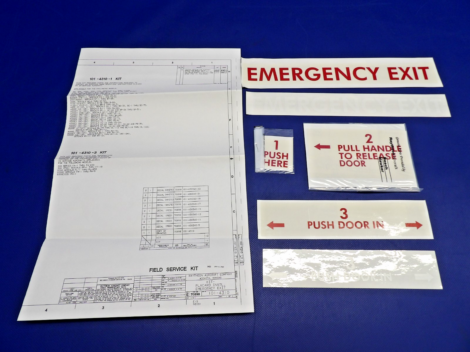 Beech King Air Emergency Exit Placard Kit w/ 8130 P/N 010-4310-3 NOS (0426-1301)0