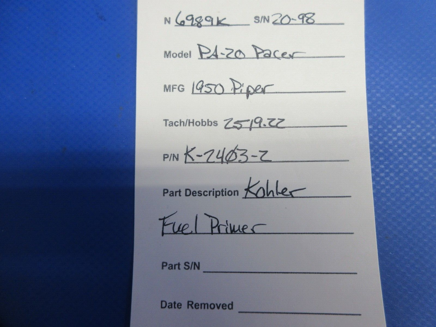Piper PA-20 Pacer Kohler Fuel Primer P/N K-2403-2 (1024-751)