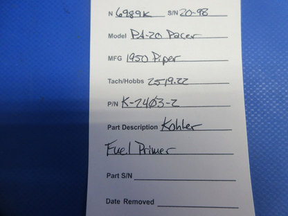 Piper PA-20 Pacer Kohler Fuel Primer P/N K-2403-2 (1024-751)