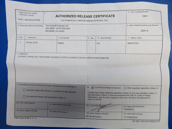 Continental Crankshaft Cluster Gear P/N 630690 Inspected w/ 8130 (0724-1887)