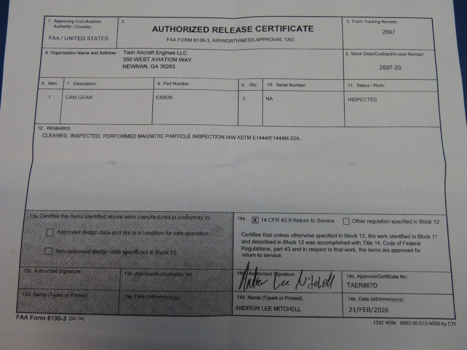 Continental O-200 / O-300 Camshaft Gear P/N 530535 Inspected w/ 8130 (0326-1726)2
