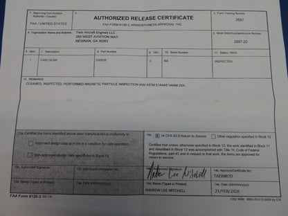 Continental O-200 / O-300 Camshaft Gear P/N 530535 Inspected w/ 8130 (0326-1726)2