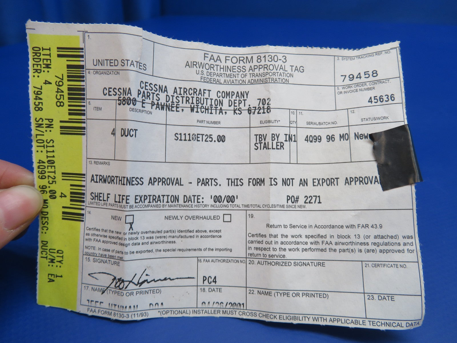 Cessna Stationair Duct P/N S1110ET25.00 NEW OLD STOCK w/ 8130 (0326-1812)1