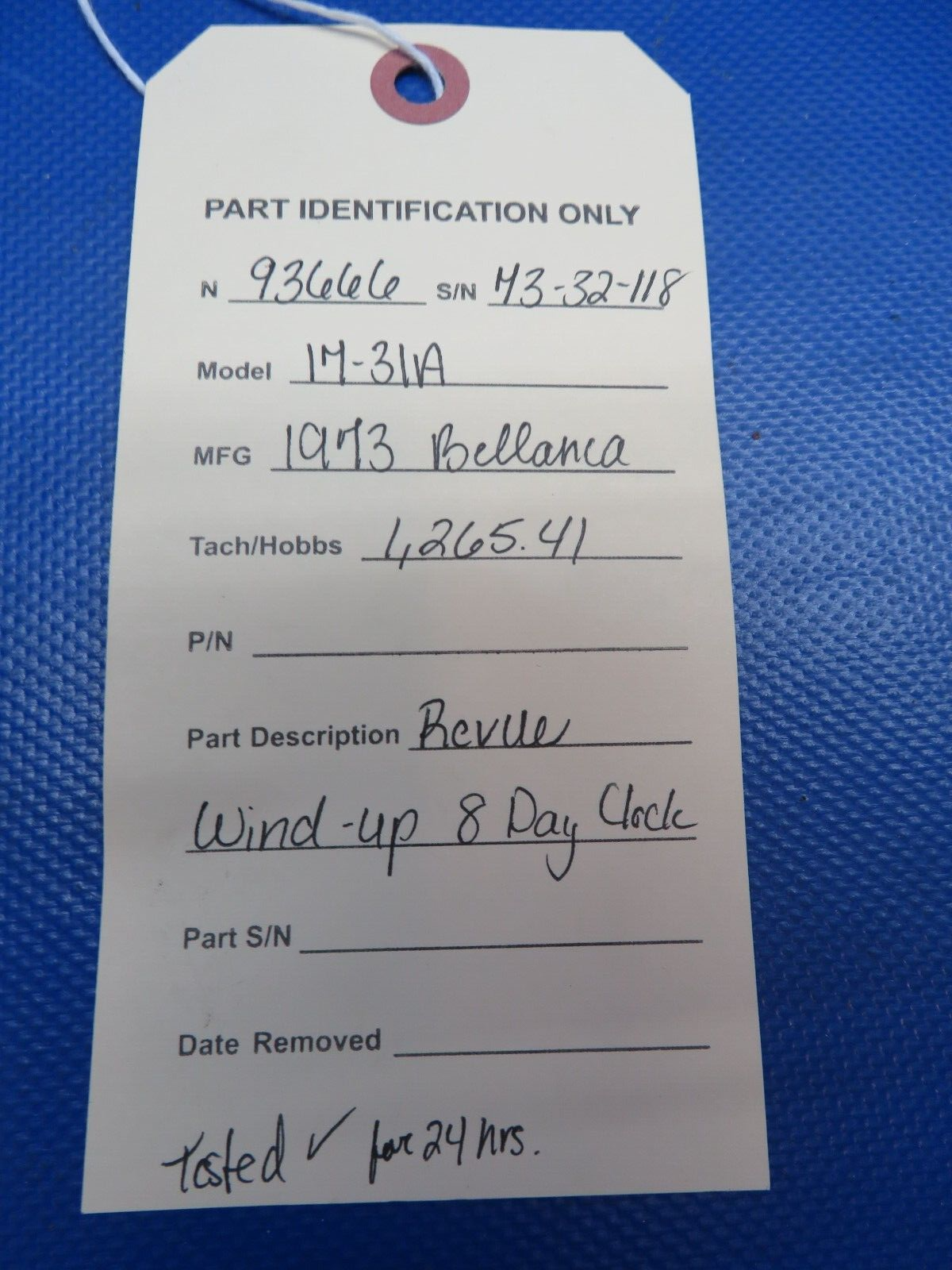 Bellanca 17-31A Revue Wind-Up 8 Day Clock TESTED (0824-1735)