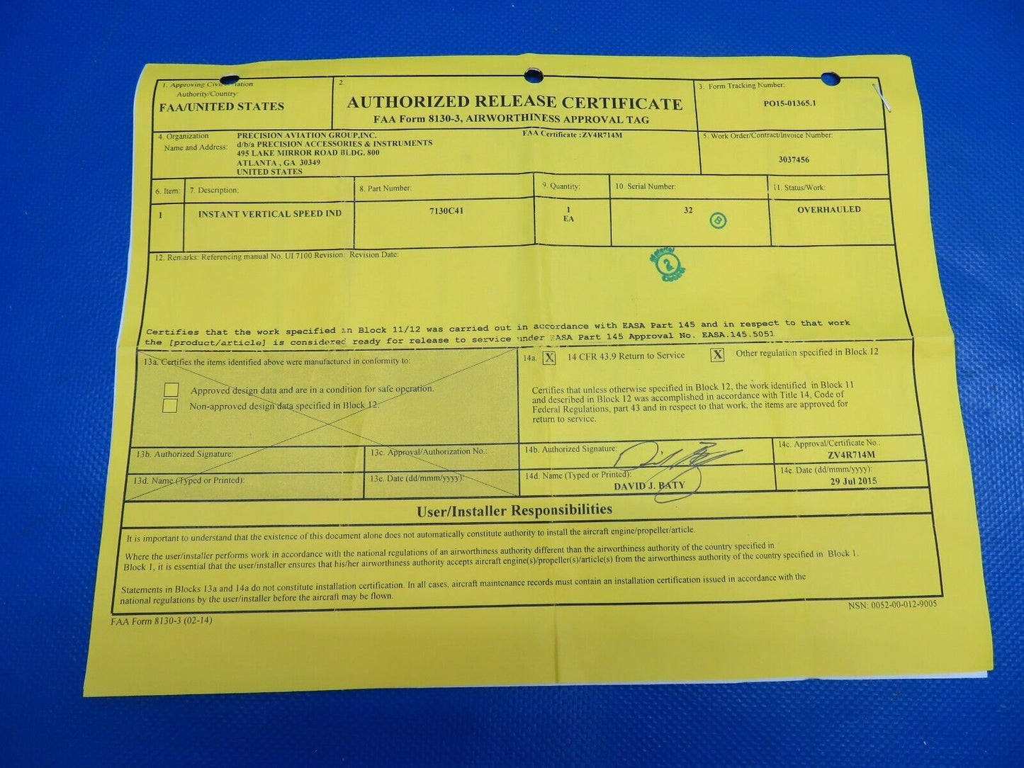 United Instruments Instant Vertical Speed Indicator 8130 WARRANTY (0524-1741)
