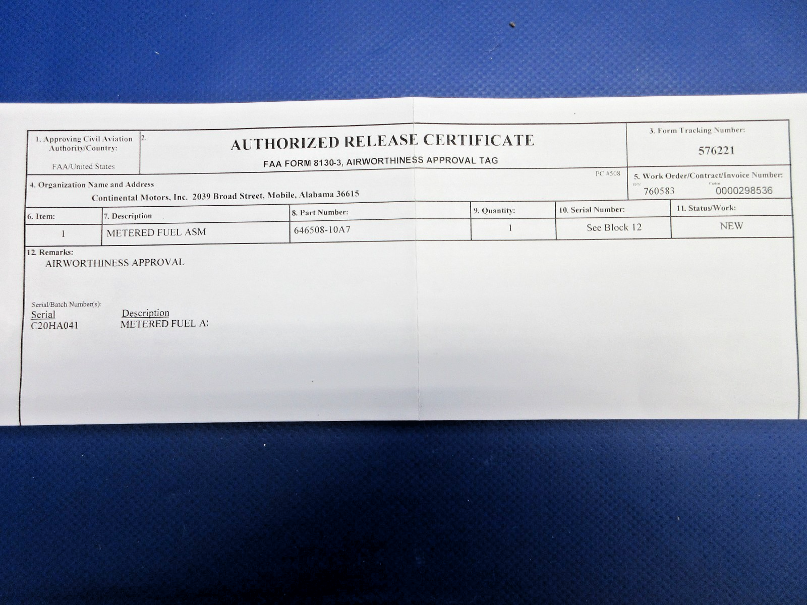 Continental Metered Fuel Injection System w/8130 P/N 646508-10A7 NOS (0326-701)1