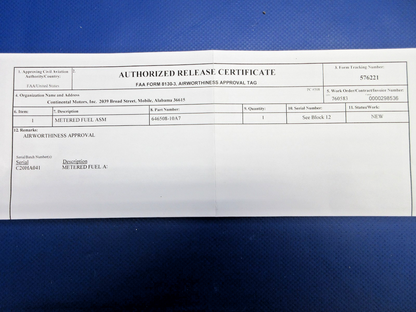 Continental Metered Fuel Injection System w/8130 P/N 646508-10A7 NOS (0326-701)1