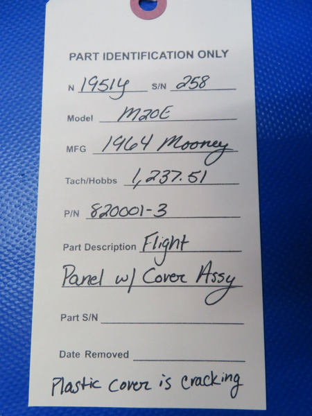 Mooney M20 / M20E Flight Panel w/ Cover Assy P/N 820001-3 (0424-169)