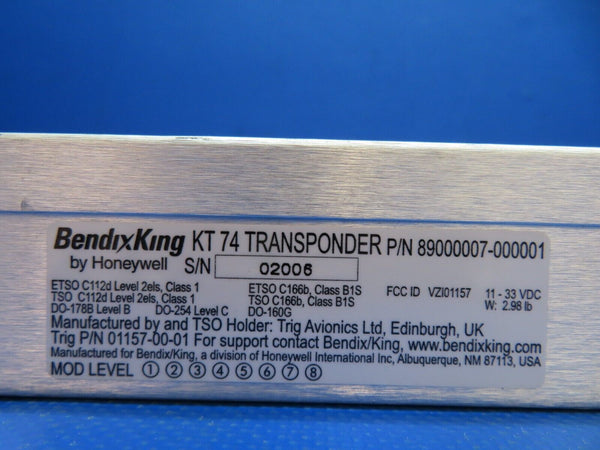 Bendix King KT74 Transponder 11-33v w/ Rack 89000007-00001 TESTED (0924-149)