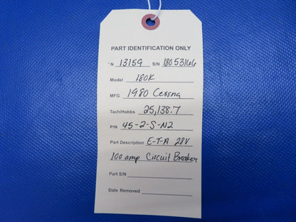 Cessna 180 / 180K ETA 28v 100 amp Circuit Breaker P/N 45-2-S-N2 (0524-1512)