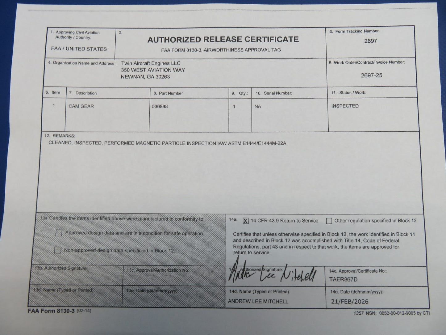 Continental Camshaft Gear P/N 536888 Inspected w/ 8130 (0326-1720)1