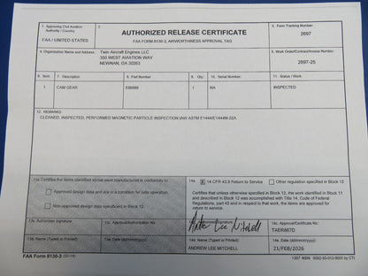 Continental Camshaft Gear P/N 536888 Inspected w/ 8130 (0326-1720)1