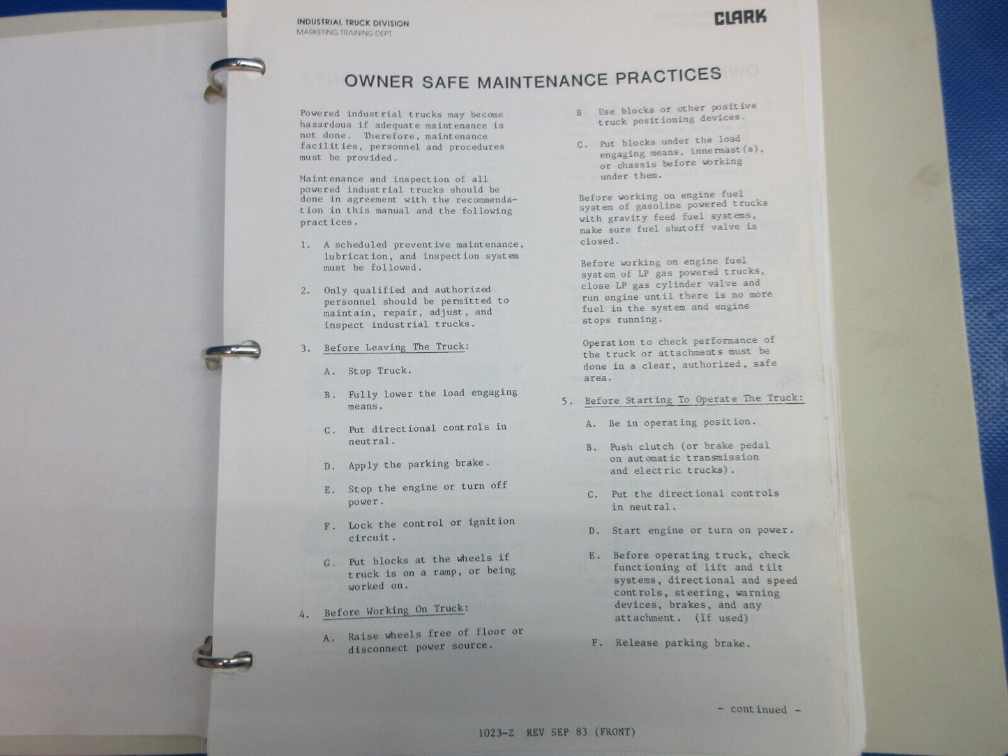 Clark Forklift Service Manual PMA273 10th Rev. C500 355 (1024-1243)