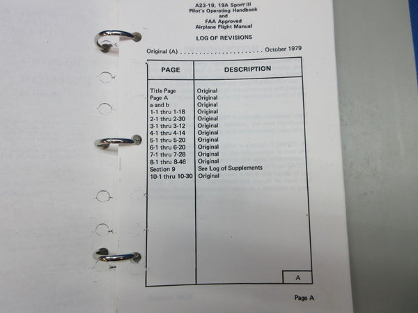 Beech A23-19 & 19A Pilot's Operating Handbook P/N 169-590002-7 (0924-1461)