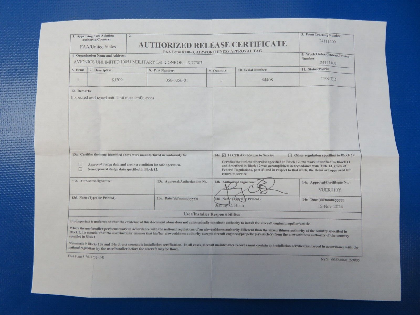 Bendix King KI 209 VOR/LOC Glideslope 11-33v 066-3056-01 TESTED 8130 (1224-100)