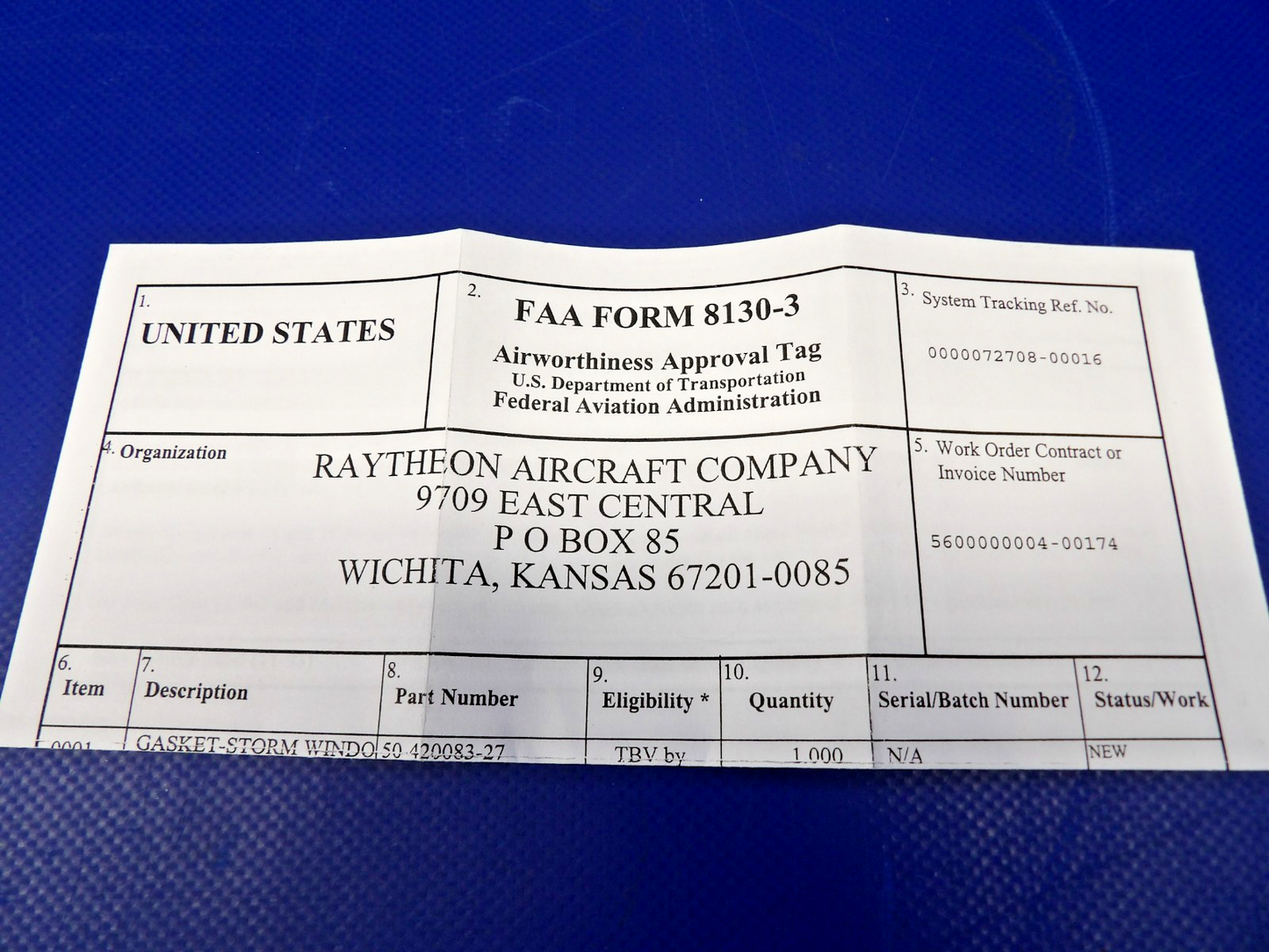 Beech Storm Window Gasket w/ 8130 P/N 50-420083-27 LOT OF 2 NOS (0426-1325)2