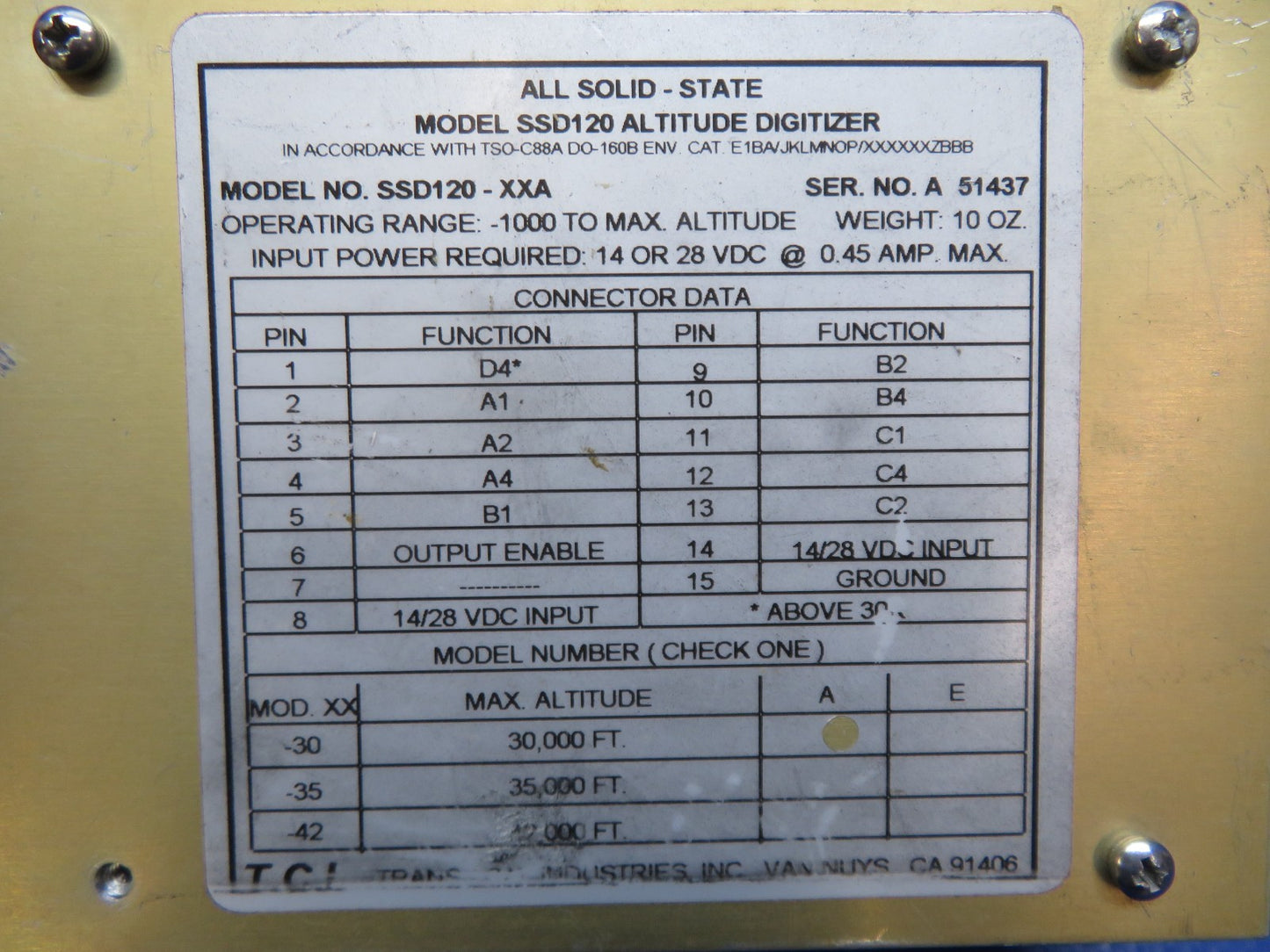 Trans-Cal Solid State Altitude Digitizer 14/28v SSD120-30A WARRANTY (0925-113)1