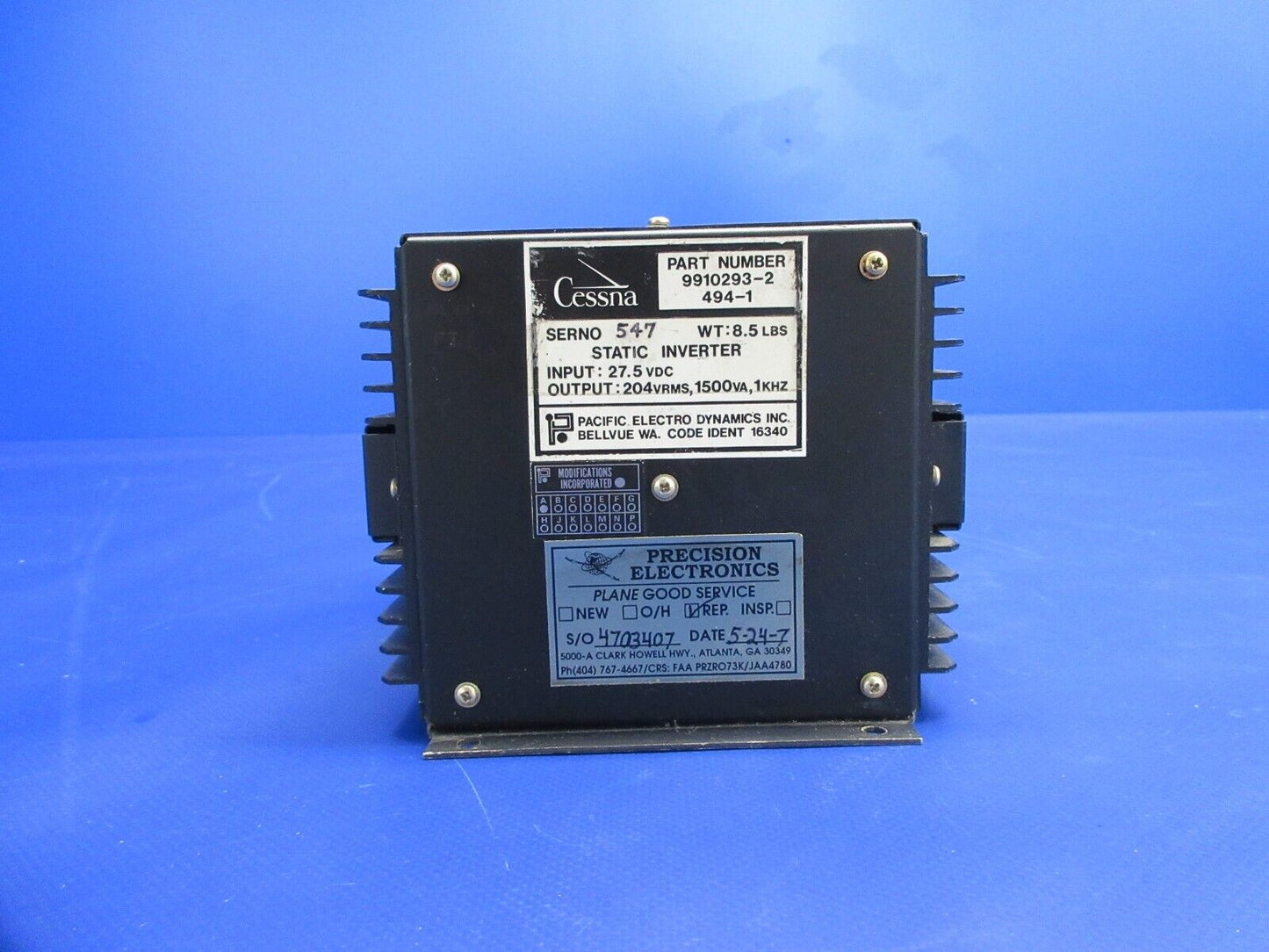 Cessna Pacific Electro Dynamics Static Inverter 27.5V P/N 9910293-2 (1224-753)