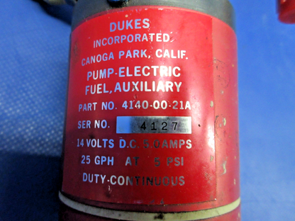 Mooney M20C Dukes Auxiliary Fuel Pump 14V P/N 4140-00-21A TESTED (0926-741)4