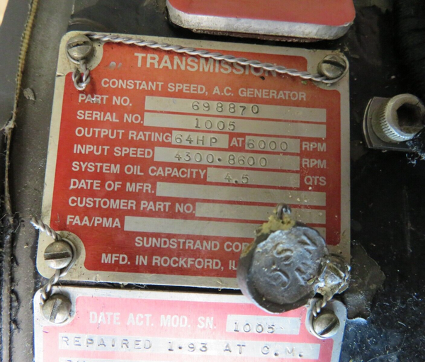 Sundstrand Transmission Constant Speed AC Generator P/N 698870 (1024-1716)