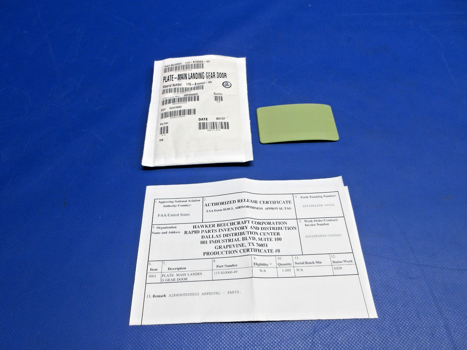 Beech Main Gear Door Reinforcement Plate w/8130 P/N 115-810060-49 NOS (0426-799)0