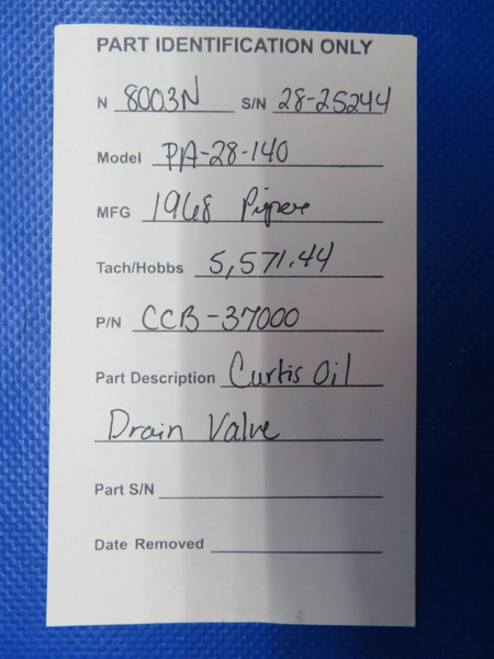 Piper PA-28-140 Cherokee Curtis Oil Drain Valve P/N CCB-37000 (0724-1897)