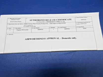 Aero-Classics Engine Oil Cooler w/8130 P/N 8000934 NOS (0326-957)4