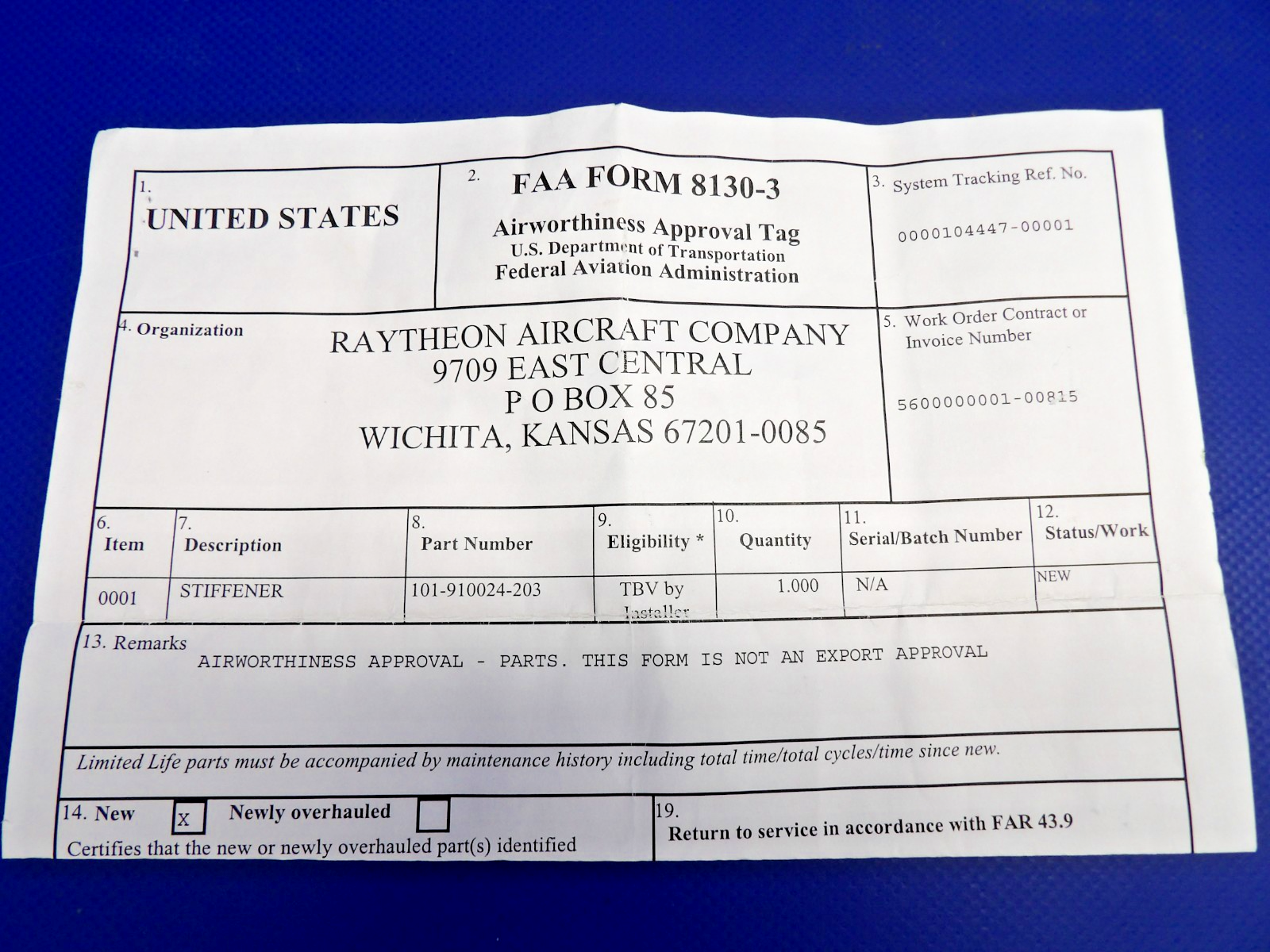King Air Beech LWR FWD Cowl Stiffener LH  w 8130 NOS 101-910024-203 (0326-1247)1
