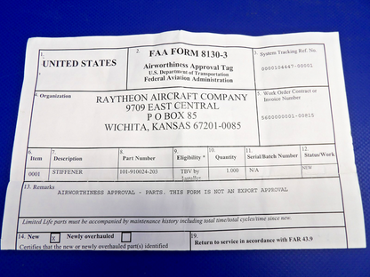 King Air Beech LWR FWD Cowl Stiffener LH  w 8130 NOS 101-910024-203 (0326-1247)1