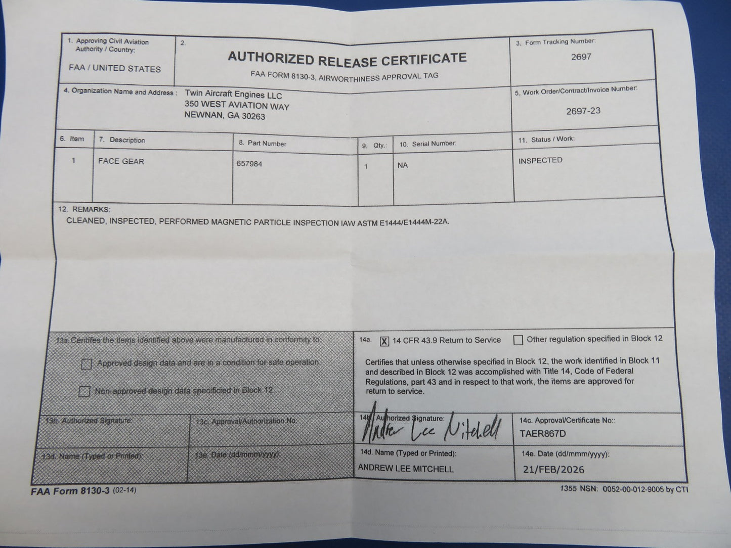 Continental IO-520 / 550 Face Gear P/N 657984 Inspected w/ 8130 (0326-1723)2