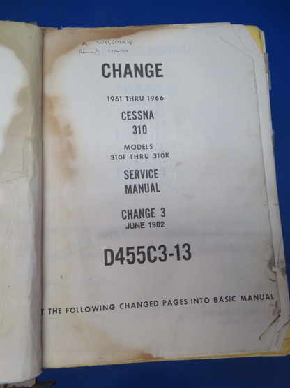 Cessna 310 Service Manual & Parts Catalog 1982 P/N D455C3-13 (0923-495)