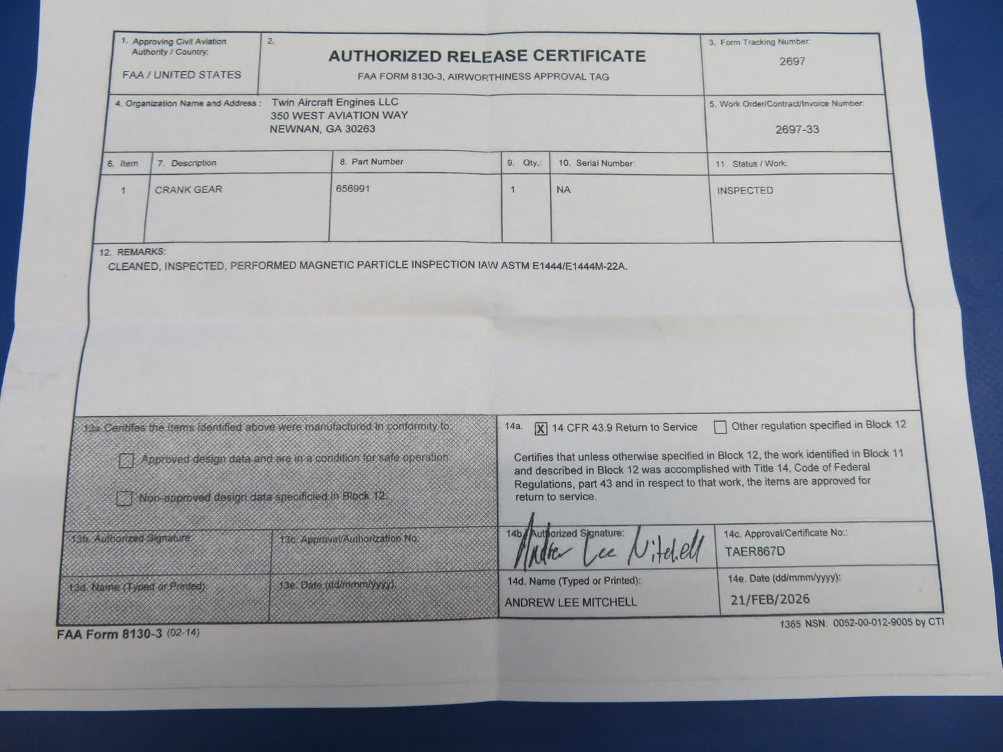 Continental 520 / 550 Large Crankshaft Gear 656991 Inspected w/ 8130 (0326-1729)2