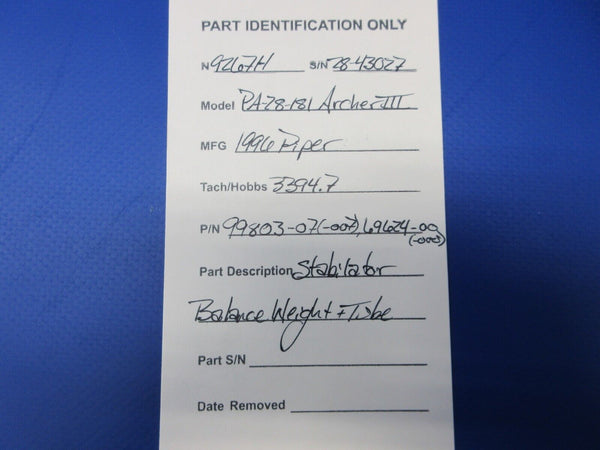 Piper PA-28-181 Archer III Stabilator Balance Weight & Tube 99803-07 (1224-2049)