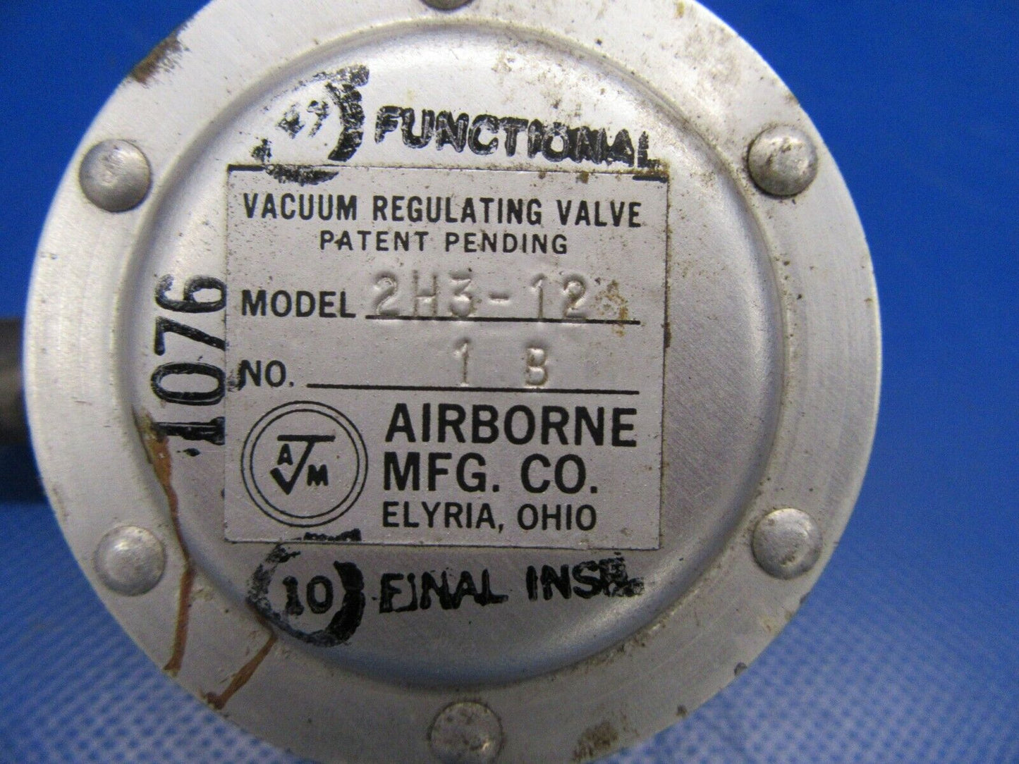 Beech Sierra B24R Airborne Vacuum Regulating Valve P/N 2H3-12 (0719-227)