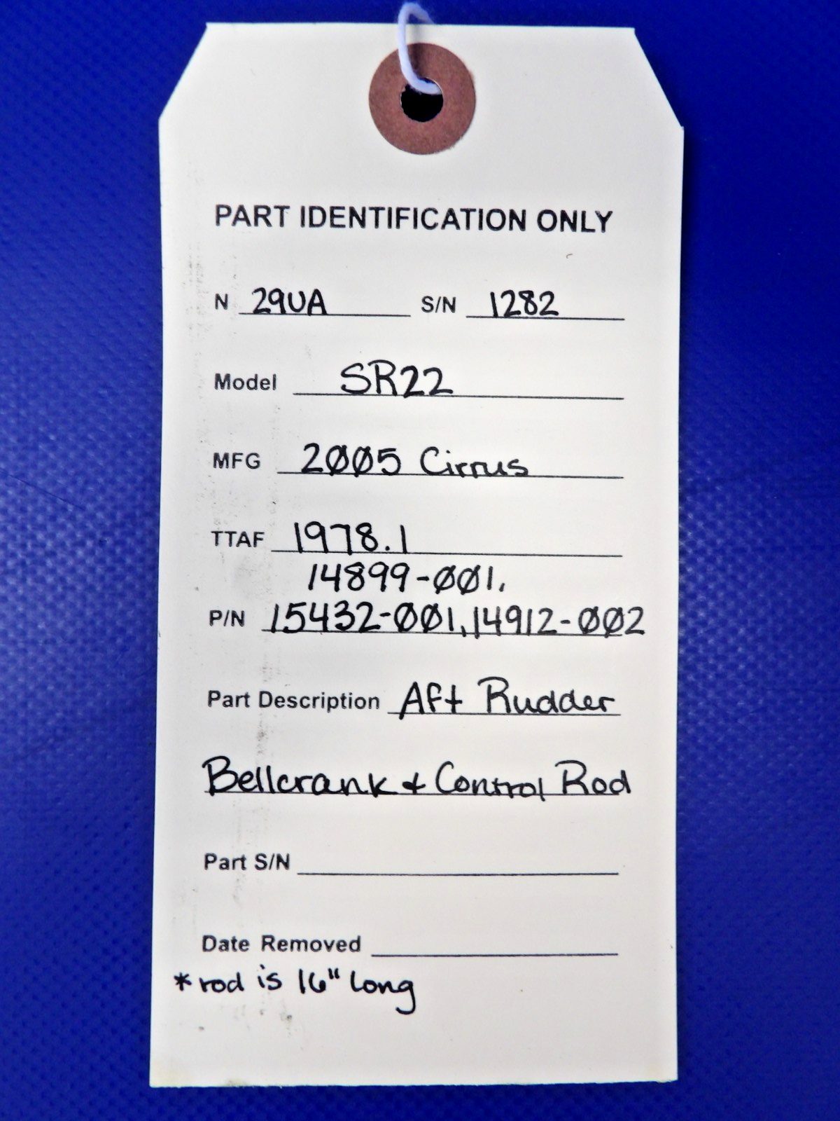 Cirrus SR22 Aft Rudder Bellcrank & Control Rod P/N 15432-001 (0926-1202)10