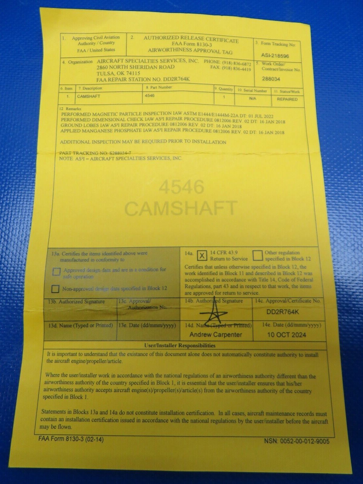 Continental A-65 Camshaft P/N 4546 REPAIRED w/ 8130 (1124-191)1