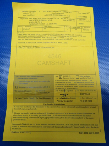Continental A-65 Camshaft P/N 4546 REPAIRED w/ 8130 (1124-191)1