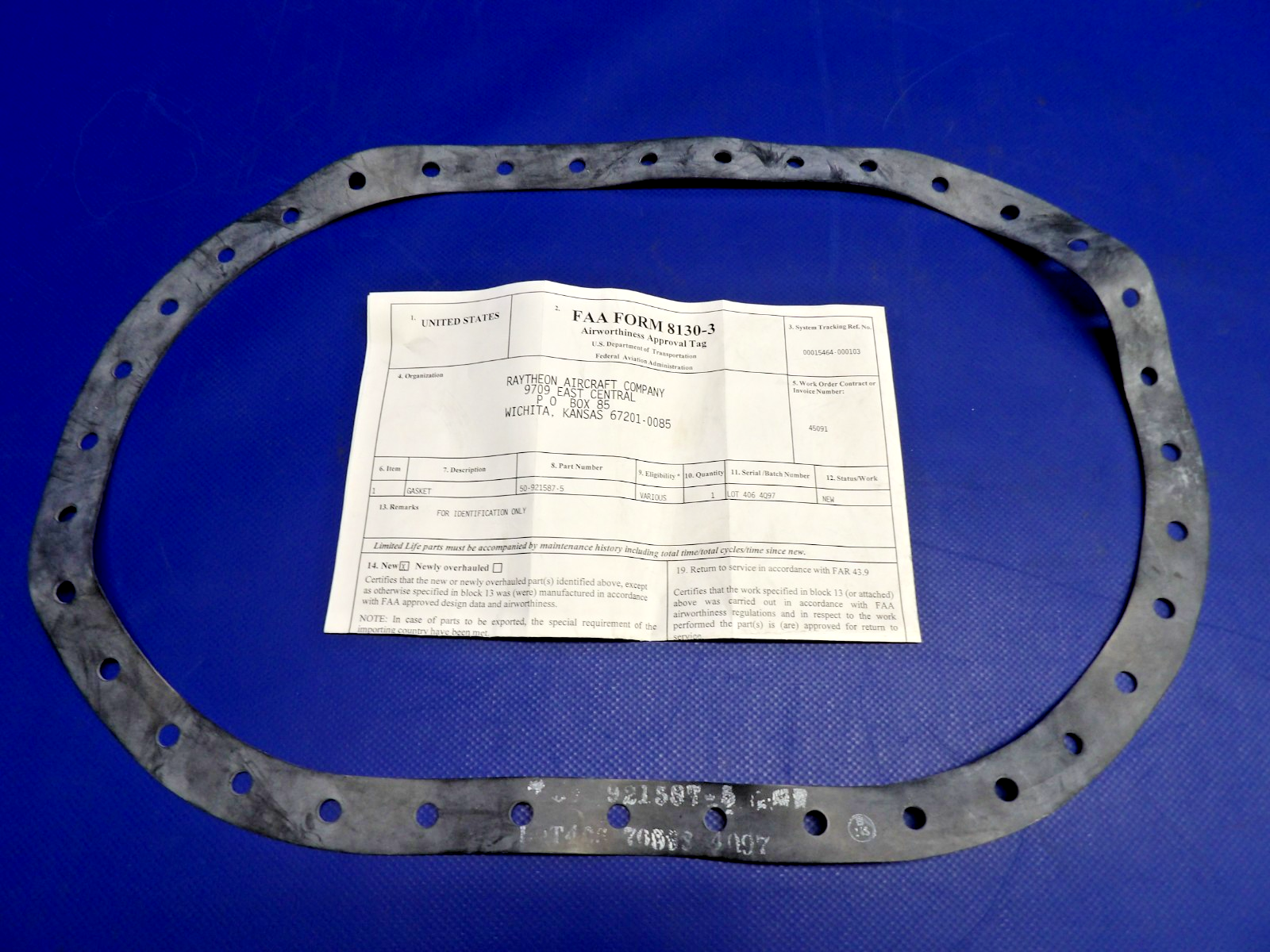 Beech Center Section Fuel Cell Gasket w/ 8130 P/N 50-921587-5 NOS (0326-1245)0
