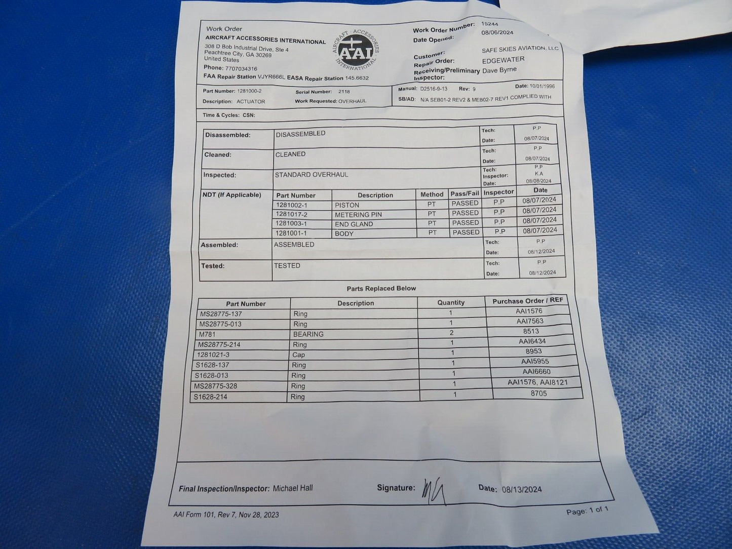 Cessna Main Gear Actuator P/N 1281000-2 OVERHAULED w/ 8130 (0824-1777)
