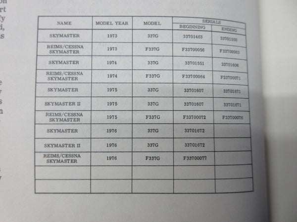 Cessna Skymaster 337G / F337G 1973 to 1976 Parts Catalog P/N P542-12 (1024-1293)