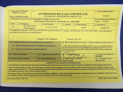 Cessna 172 McCauley Fixed Pitch Propeller 1C160 / DTM7533 OH w/ 8130 (0926-1225)3